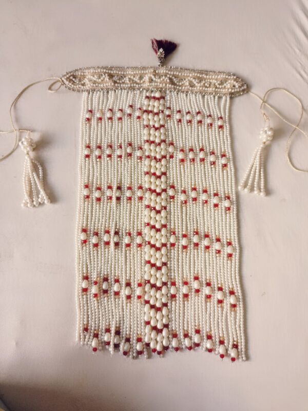 Red & white pearls sehra with glass drops - Image 2