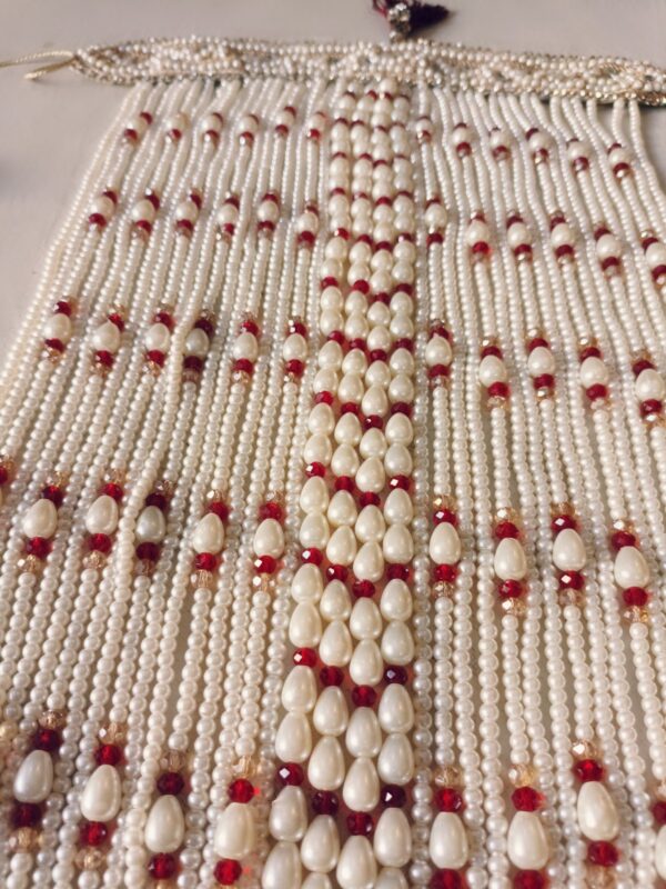 Red & white pearls sehra with glass drops