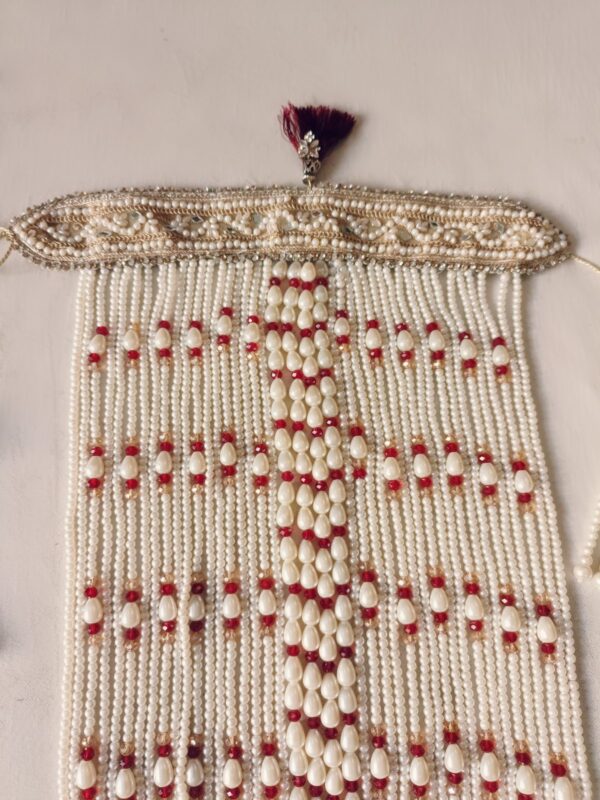 Red & white pearls sehra with glass drops - Image 3