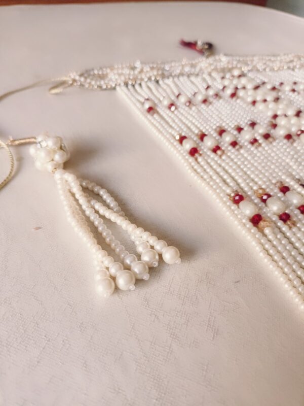 Red & white pearls sehra with glass drops - Image 5